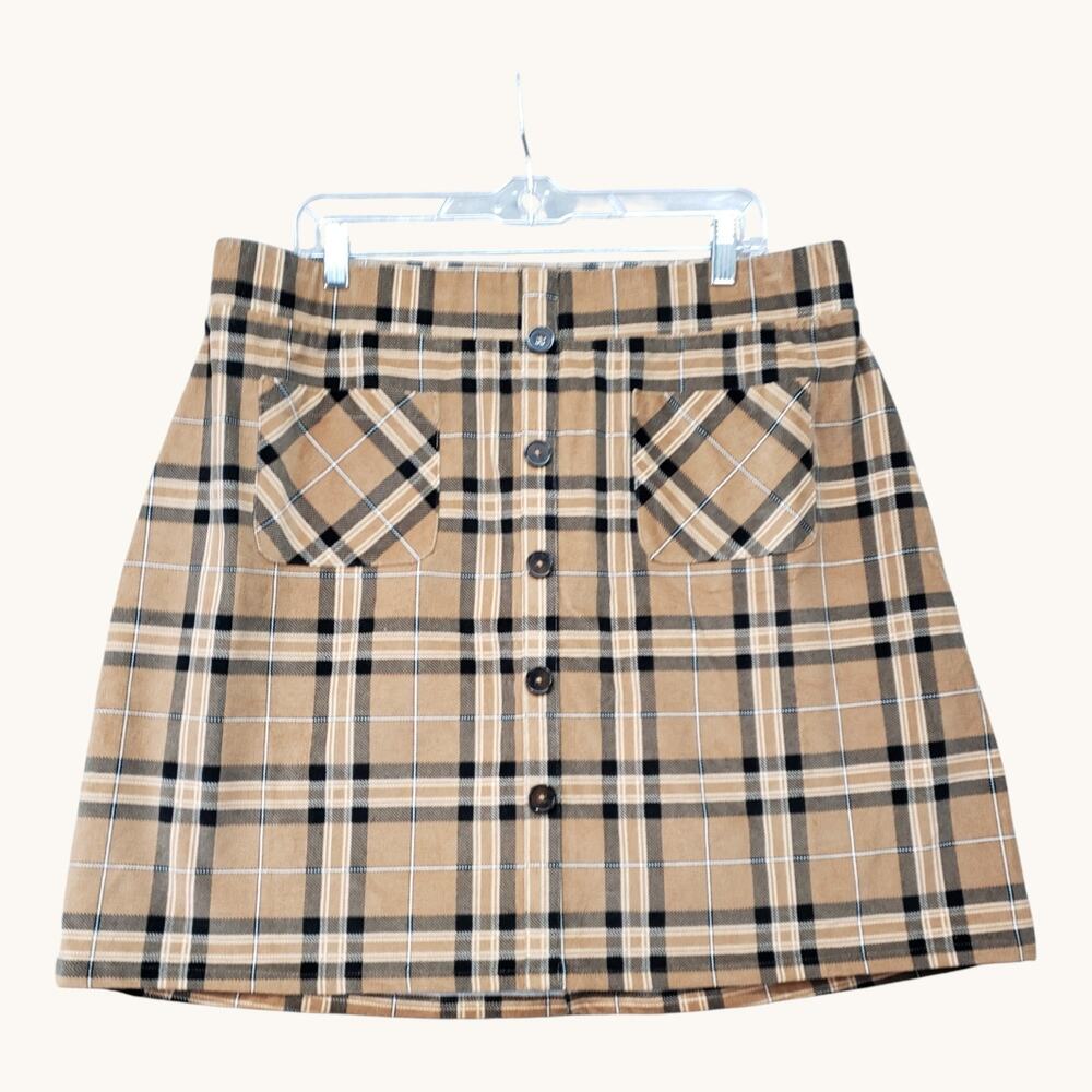 NWT Torrid Mini Skirt Size 14/16 (1X) Brown Plaid Corduroy Elastic Waist Pockets - Picture 2 of 9
